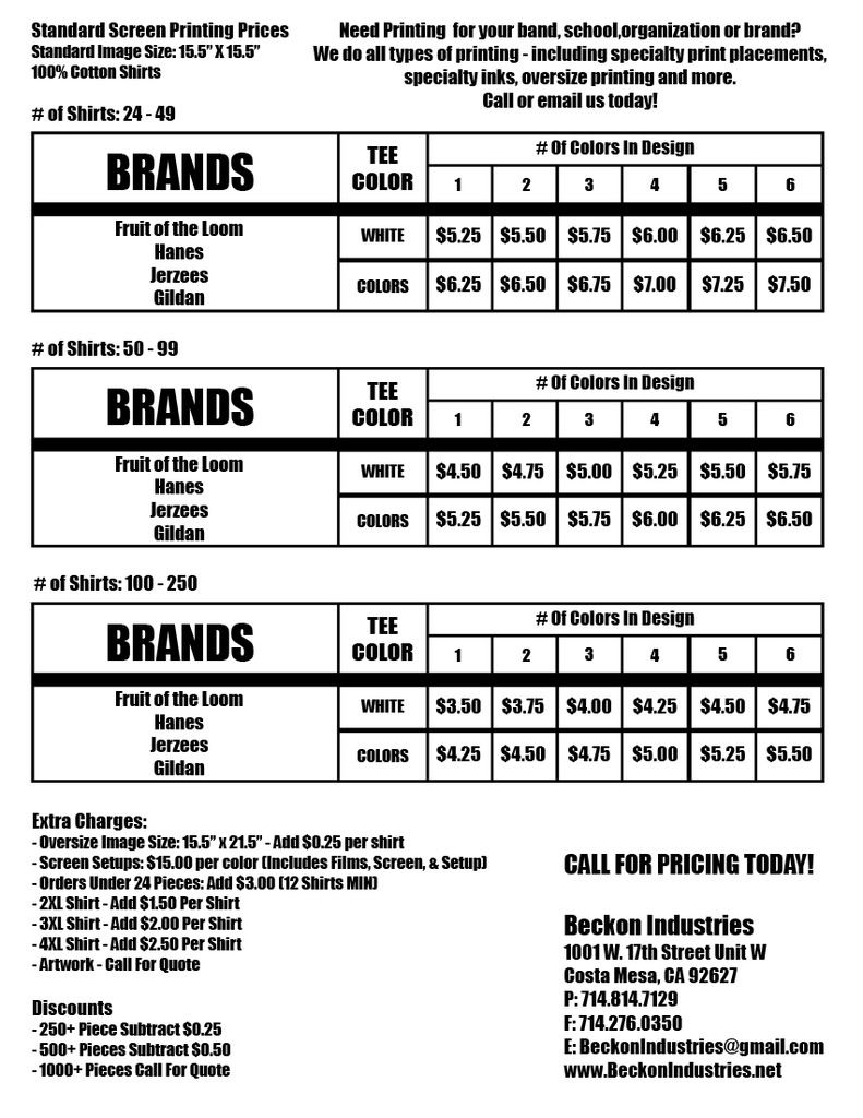 Beckon Industries Standard Screen Printing Prices