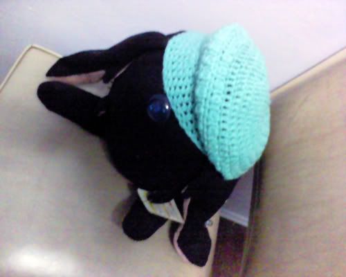 mokona wearing my puffy slouchy crocheted hat - top view