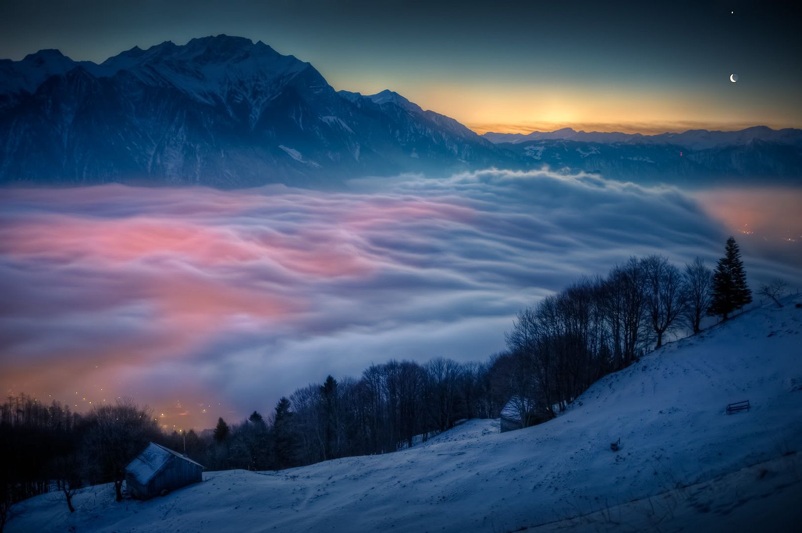 switzerland sunrise with venus and the moon