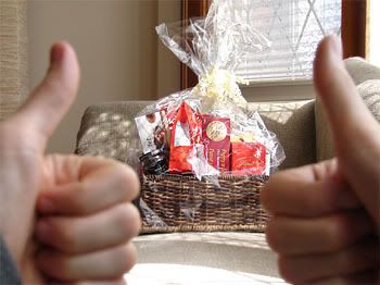 Two Martini thumbs up to food in baskets.