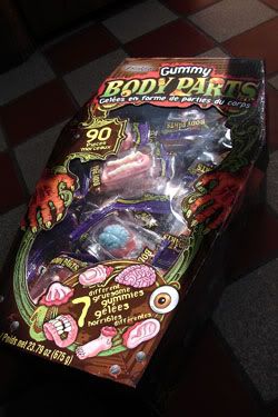 Gummy Body Parts in a reuseable creepy coffin.