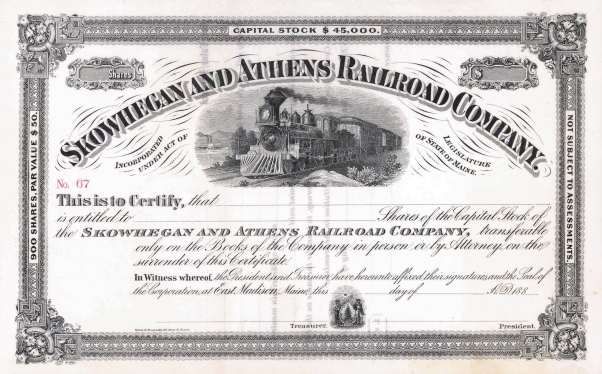 Skowhegan & Athens Stock Certificate