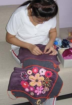 sewing sequins crochet flowers carrier bag