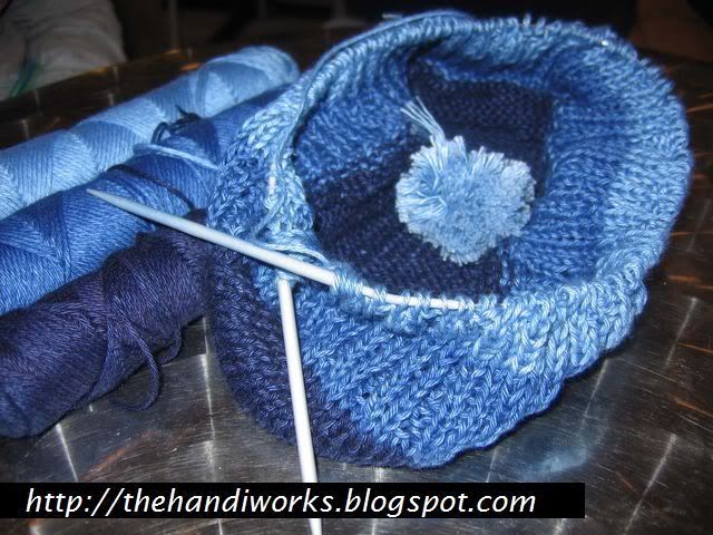 two tone denim hand knitted drawstring bag